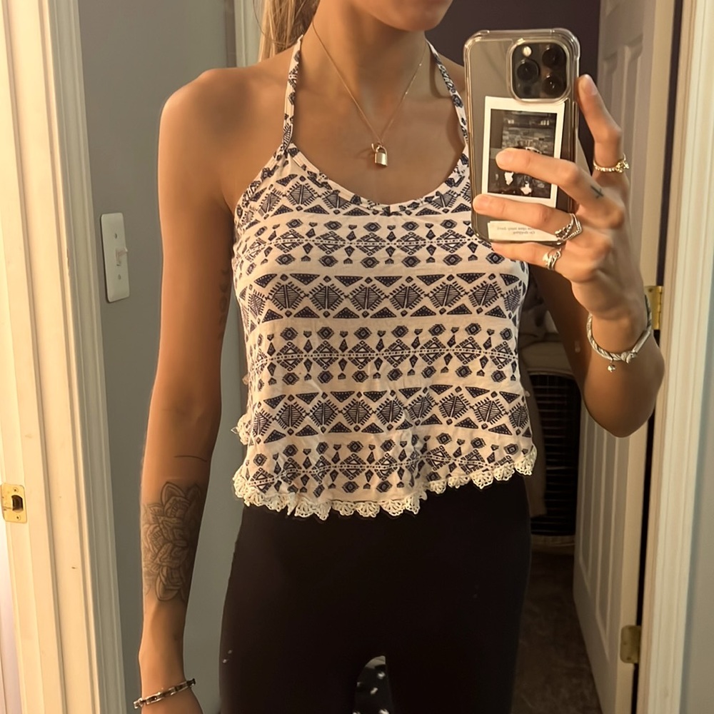 light pink and blue aztec pattern crop top